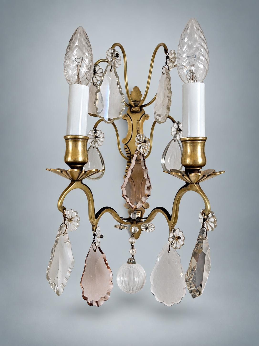 Pair of French Gilt Bronze Wall Sconces, Crystal Drops and Flower Pendants — France, Early 20th Century