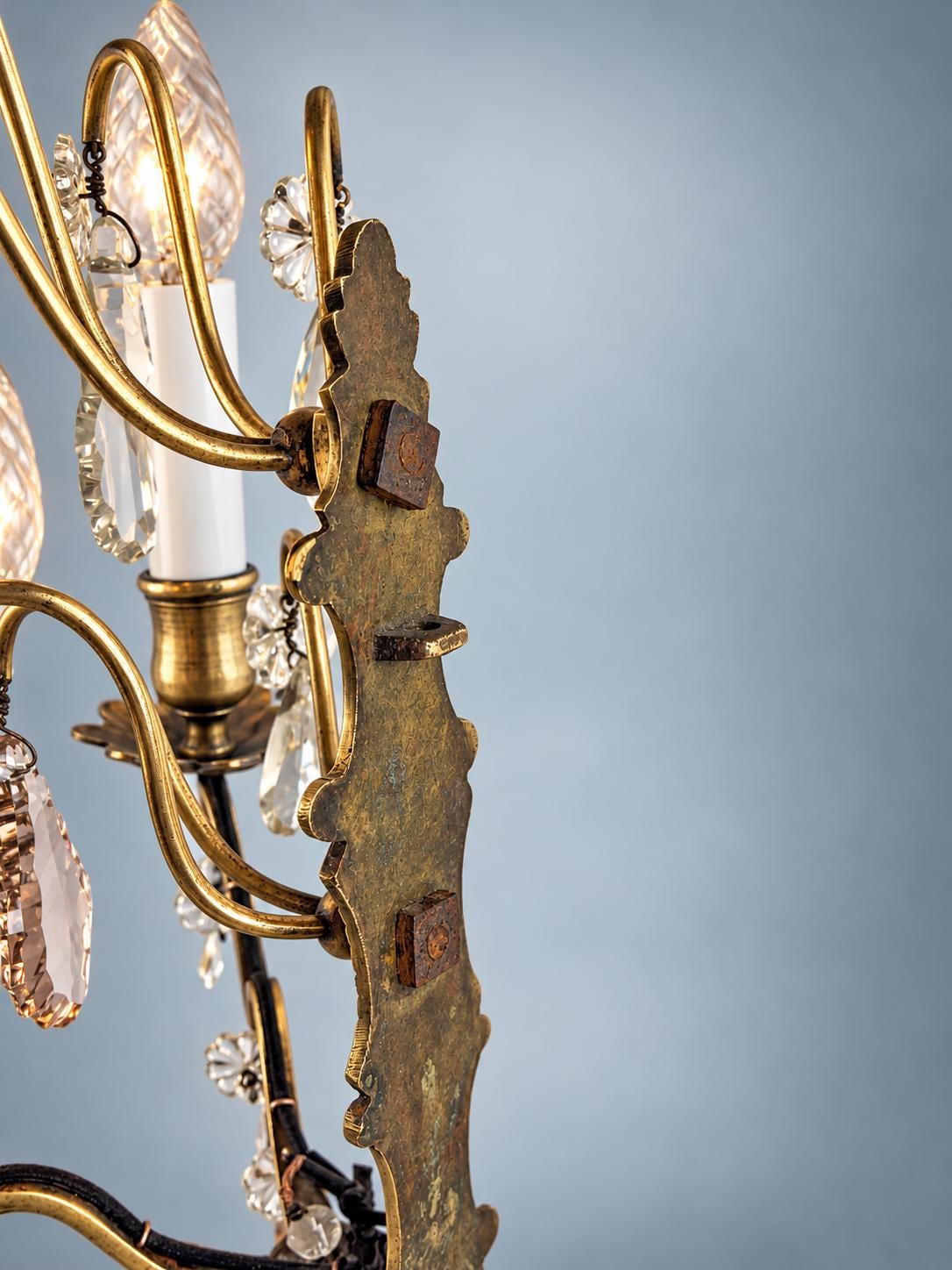 Pair of French Gilt Bronze Wall Sconces, Crystal Drops and Flower Pendants — France, Early 20th Century