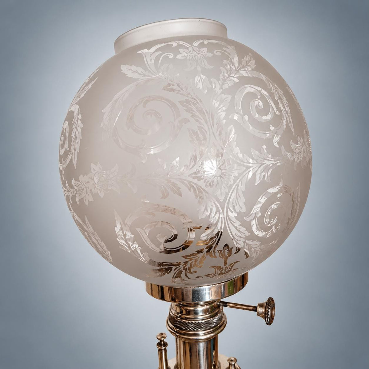 Antique Silver-Plated Table Lamp, Etched Glass Globe Shade, Converted Oil Lamp — Europe, Late 19th Century