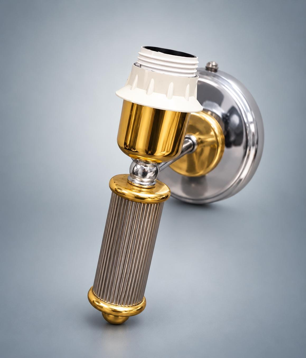 Pair of Belgian Vintage Chrome and Gilt Wall Sconces, Massives, Neoclassical Column — Belgium, circa 1970