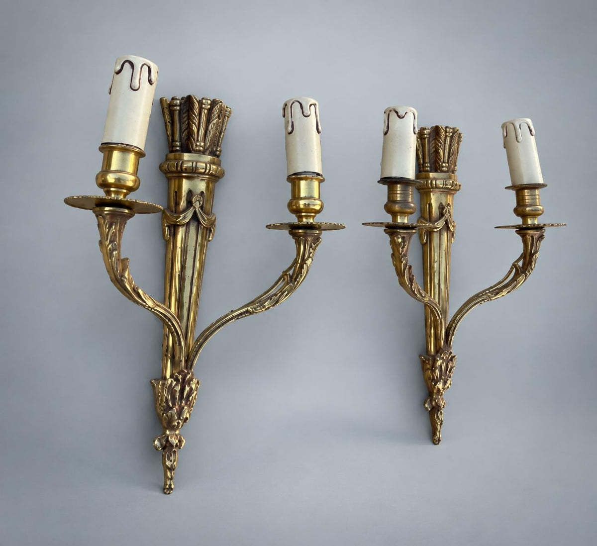 Pair of Antique French Gilt Metal Wall Sconces, Louis XVI Style — Scrolled Two-Light Torch-Form Sconces