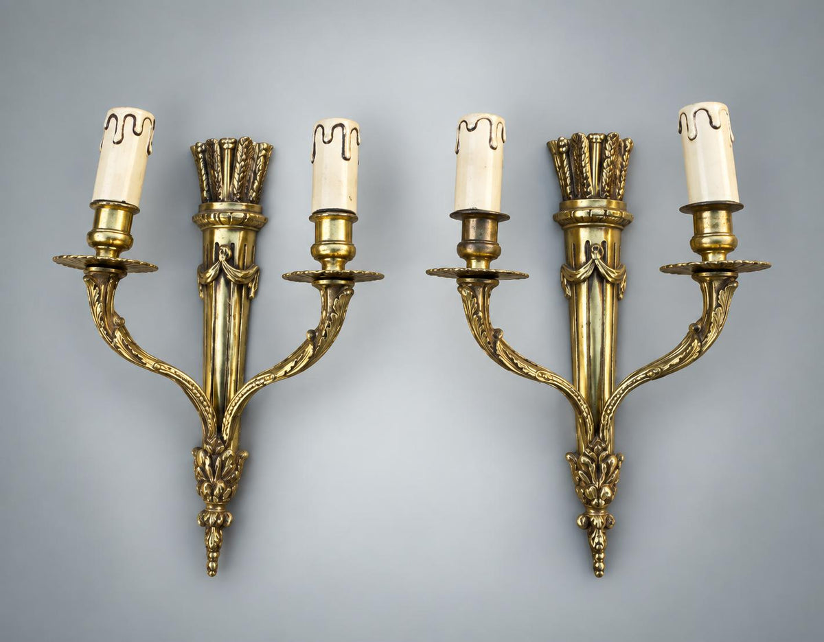 Pair of Antique French Gilt Metal Wall Sconces, Louis XVI Style — Scrolled Two-Light Torch-Form Sconces