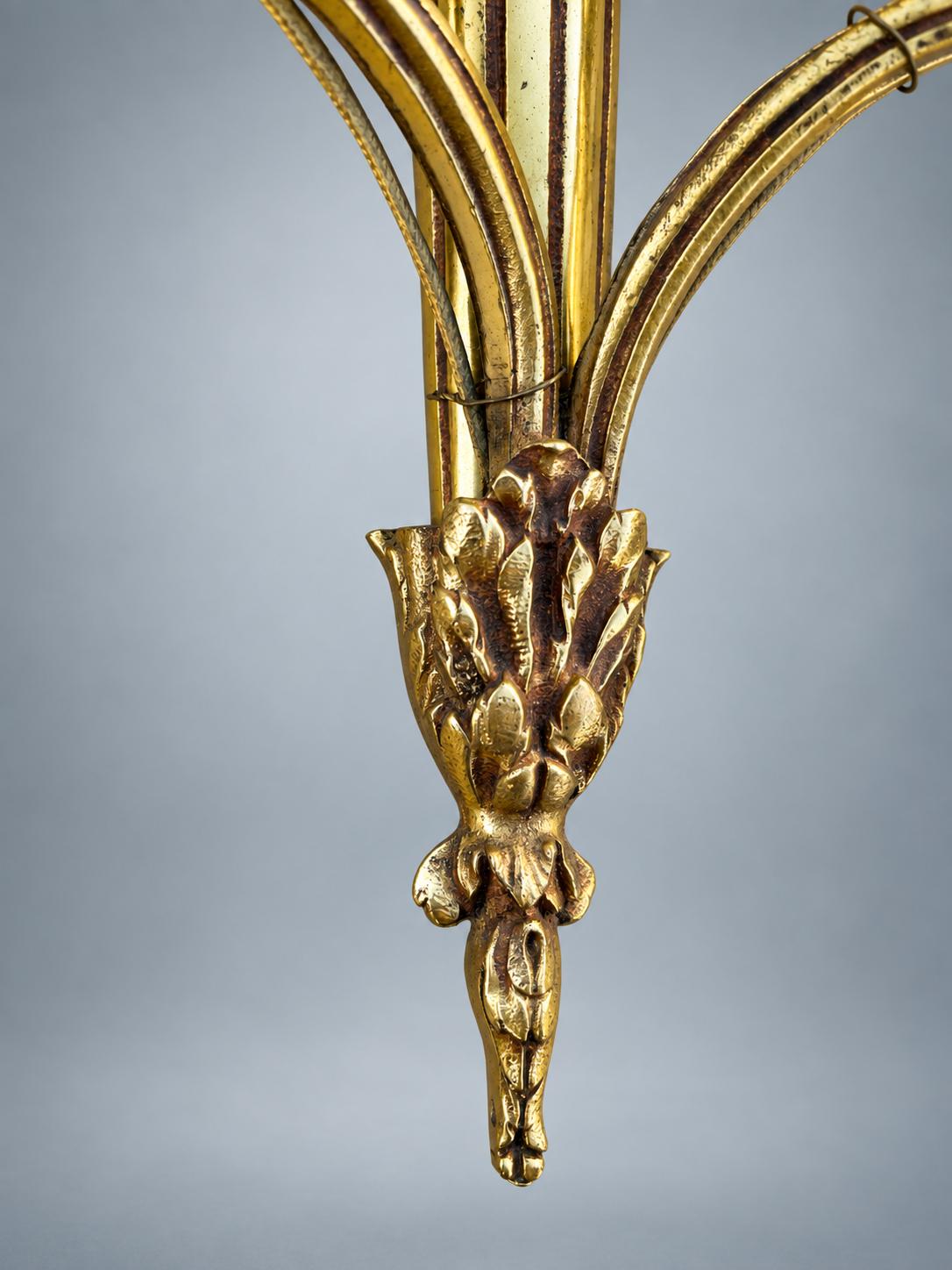 Pair of Antique French Gilt Metal Wall Sconces, Louis XVI Style — Scrolled Two-Light Torch-Form Sconces