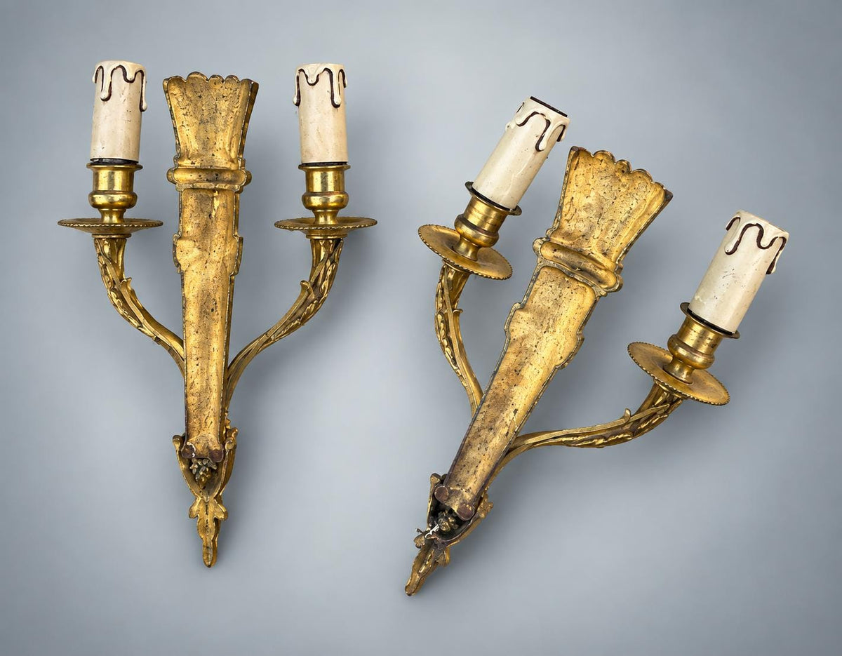 Pair of Antique French Gilt Metal Wall Sconces, Louis XVI Style — Scrolled Two-Light Torch-Form Sconces