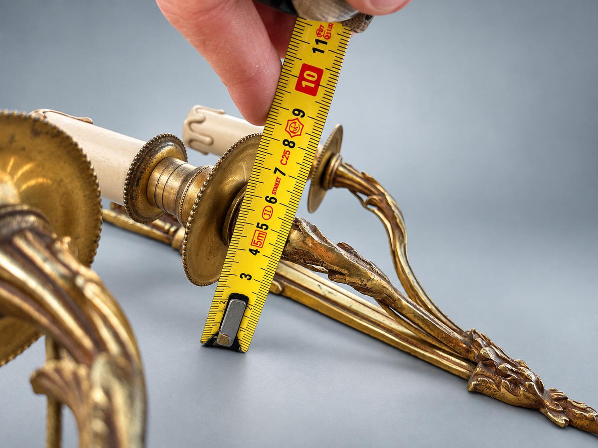 Pair of Antique French Gilt Metal Wall Sconces, Louis XVI Style — Scrolled Two-Light Torch-Form Sconces