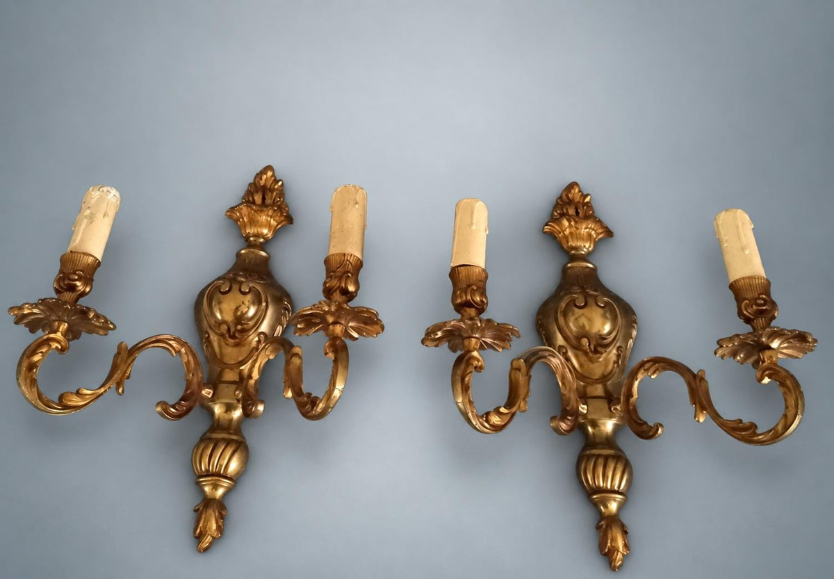 Pair of French Gilt Bronze Two-Arm Wall Sconces, Louis XV Rocaille Style — France, Early 20th Century