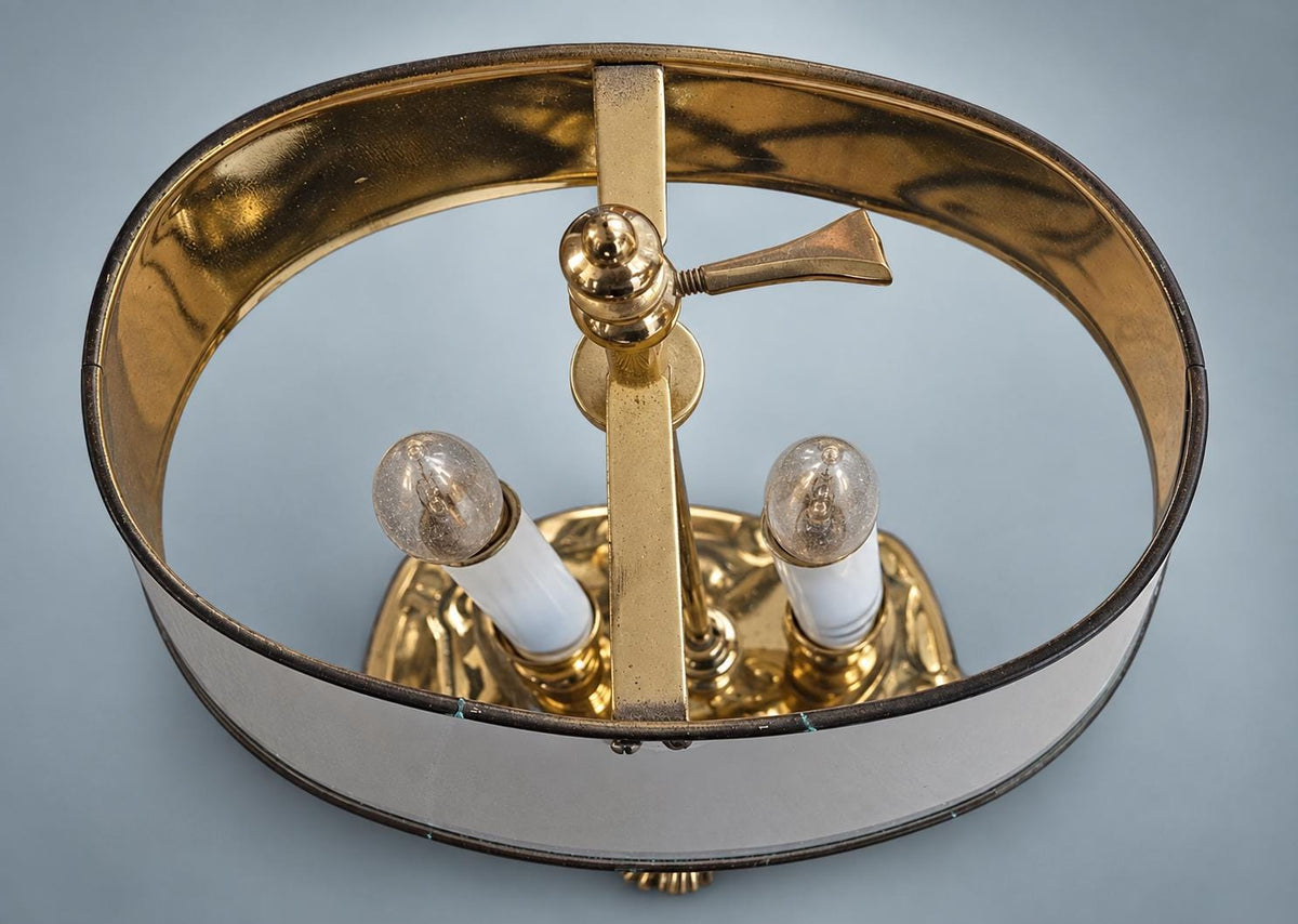 Antique French Brass Bouillotte Table Lamp, Two-Arm with Metal Drum Shade — France, mid 20th Century