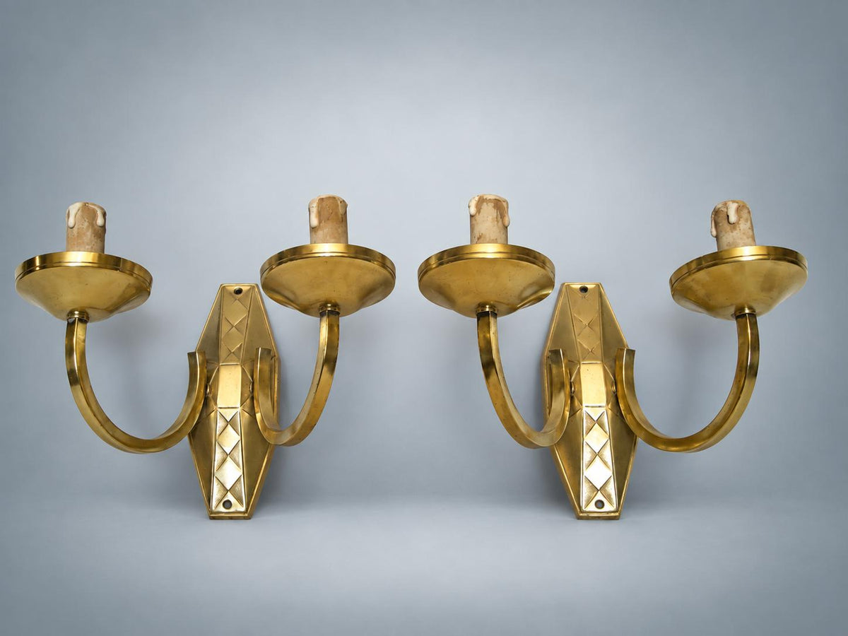 Pair of French Art Deco Brass Wall Sconces, Diamond Backplate Two-Arm — France, circa 1930