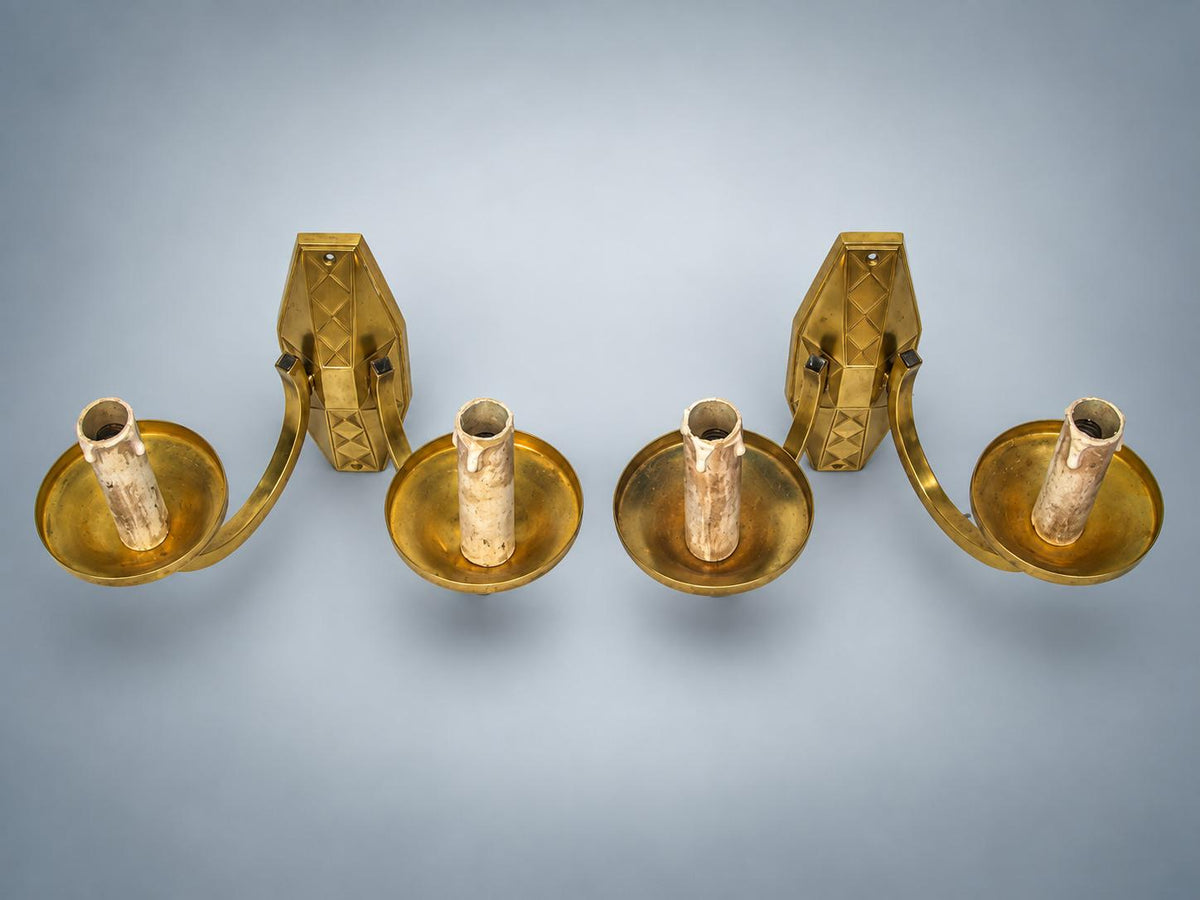 Pair of French Art Deco Brass Wall Sconces, Diamond Backplate Two-Arm — France, circa 1930
