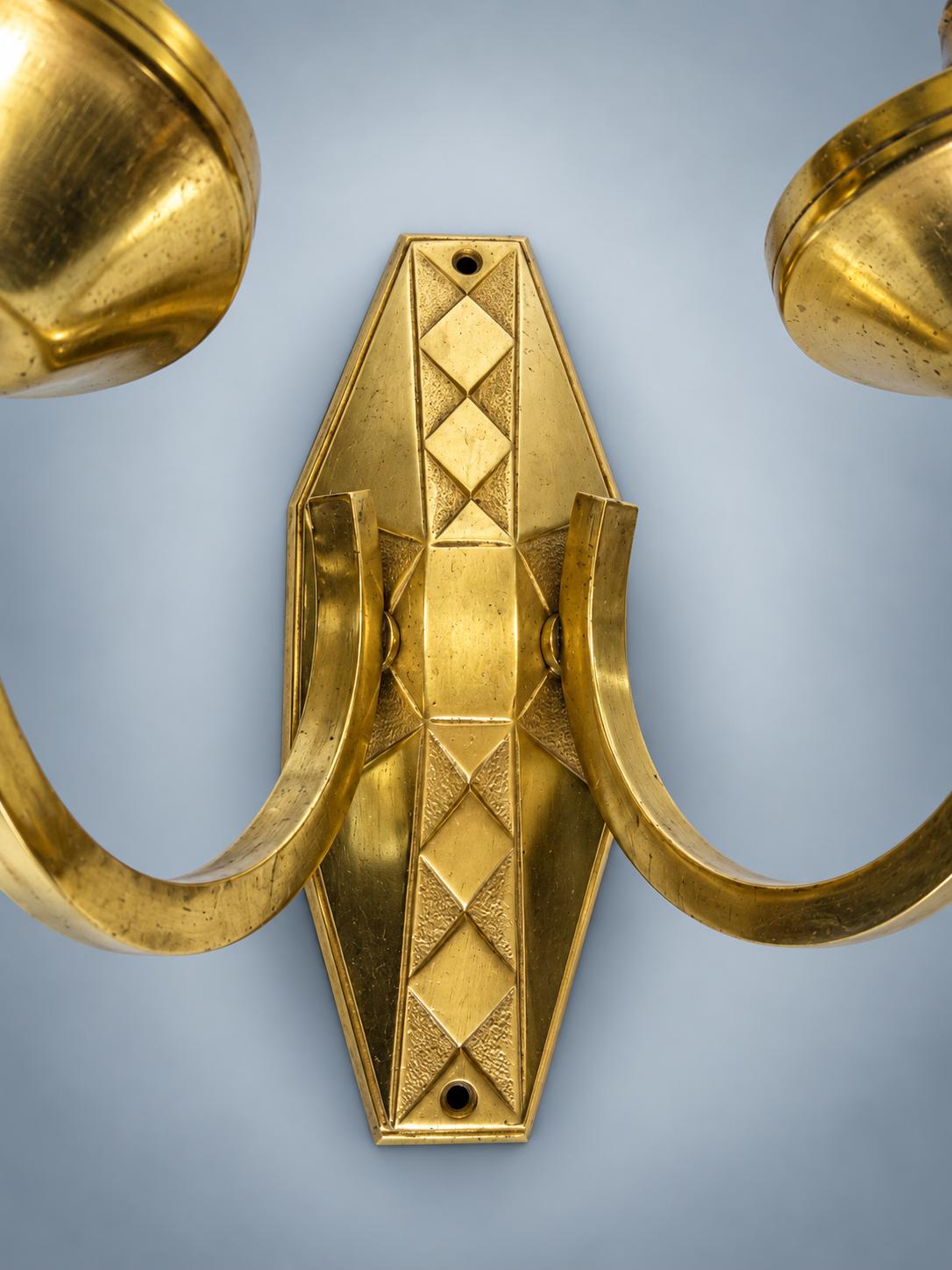 Pair of French Art Deco Brass Wall Sconces, Diamond Backplate Two-Arm — France, circa 1930