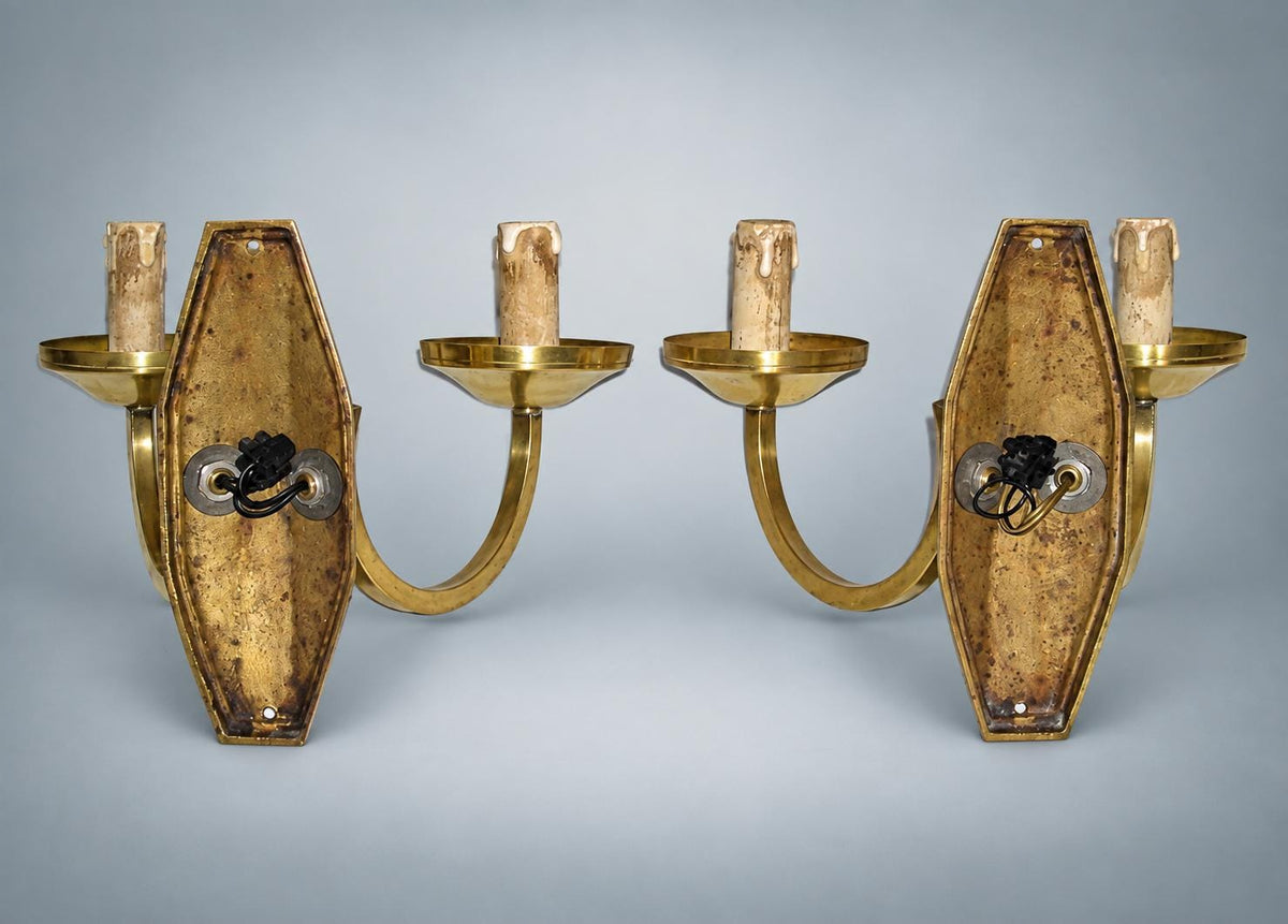 Pair of French Art Deco Brass Wall Sconces, Diamond Backplate Two-Arm — France, circa 1930