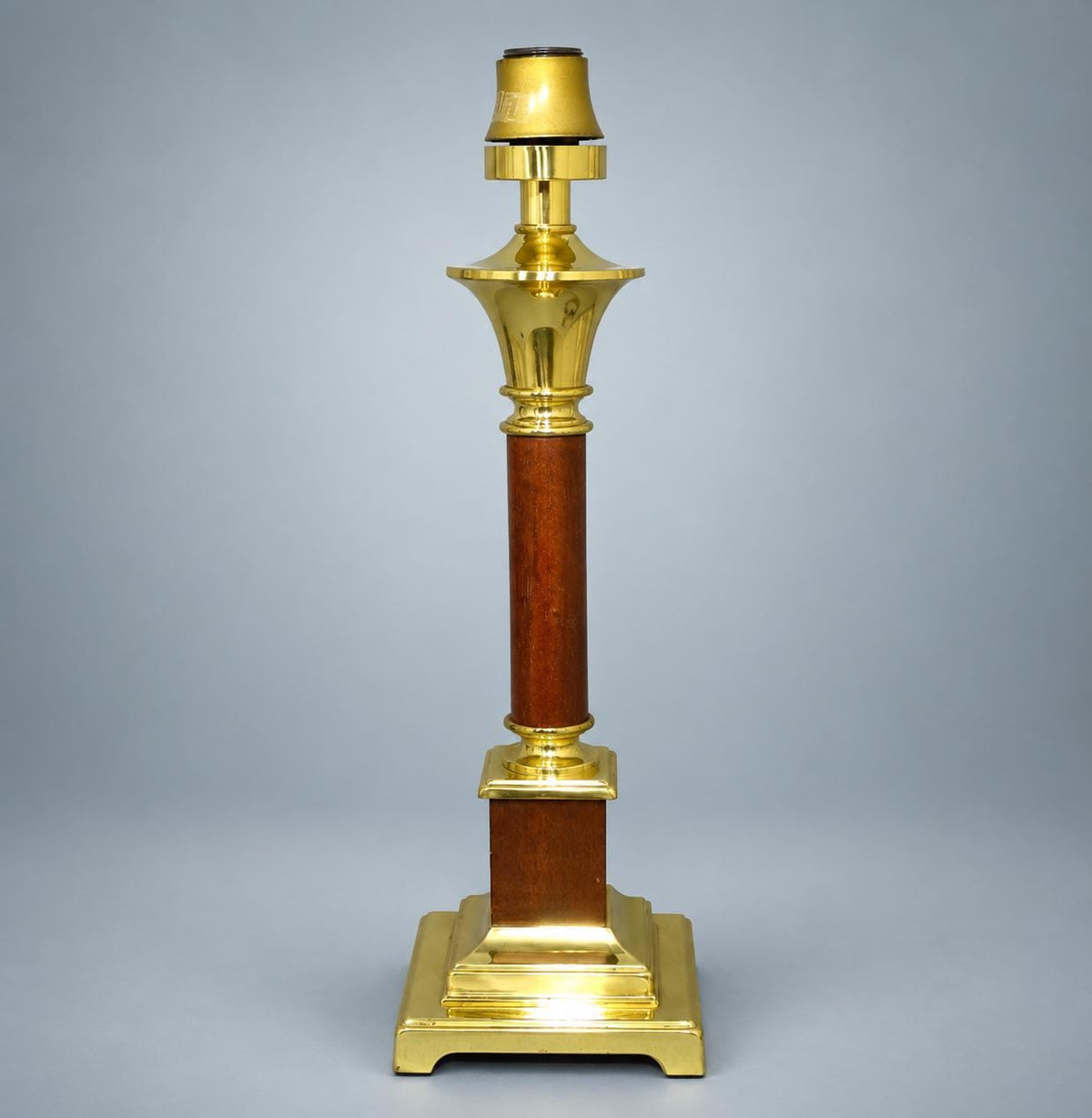 Vintage Brass and Wood Column Table Lamp, Art Deco Style — Europe, Mid-20th Century