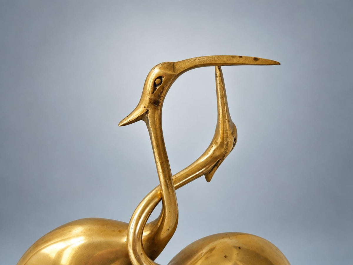 Vintage Brass Intertwined Herons Sculpture on Lacquered Wood Base — France, circa 1970