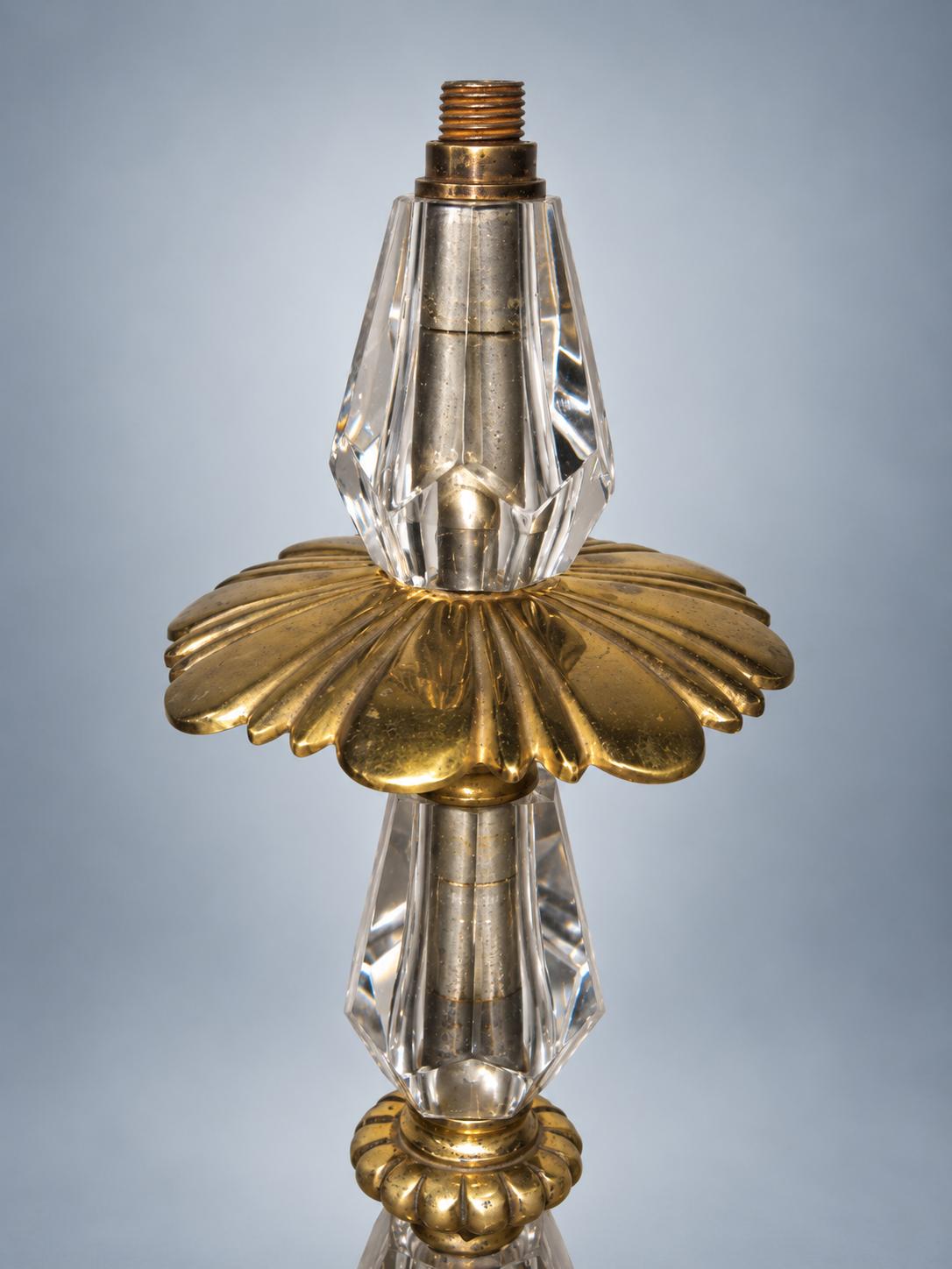Antique French Table Lamp Base, Faceted Crystal and Gilt Brass, Flower Collar — France, Early 20th Century