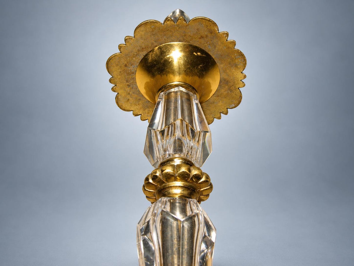 Antique French Table Lamp Base, Faceted Crystal and Gilt Brass, Flower Collar — France, Early 20th Century