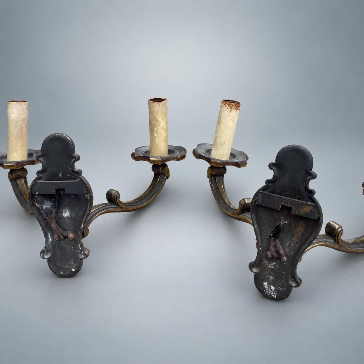 Pair of French Patinated Brass Two-Arm Wall Sconces, with White Fabric Shades — France, circa 1950