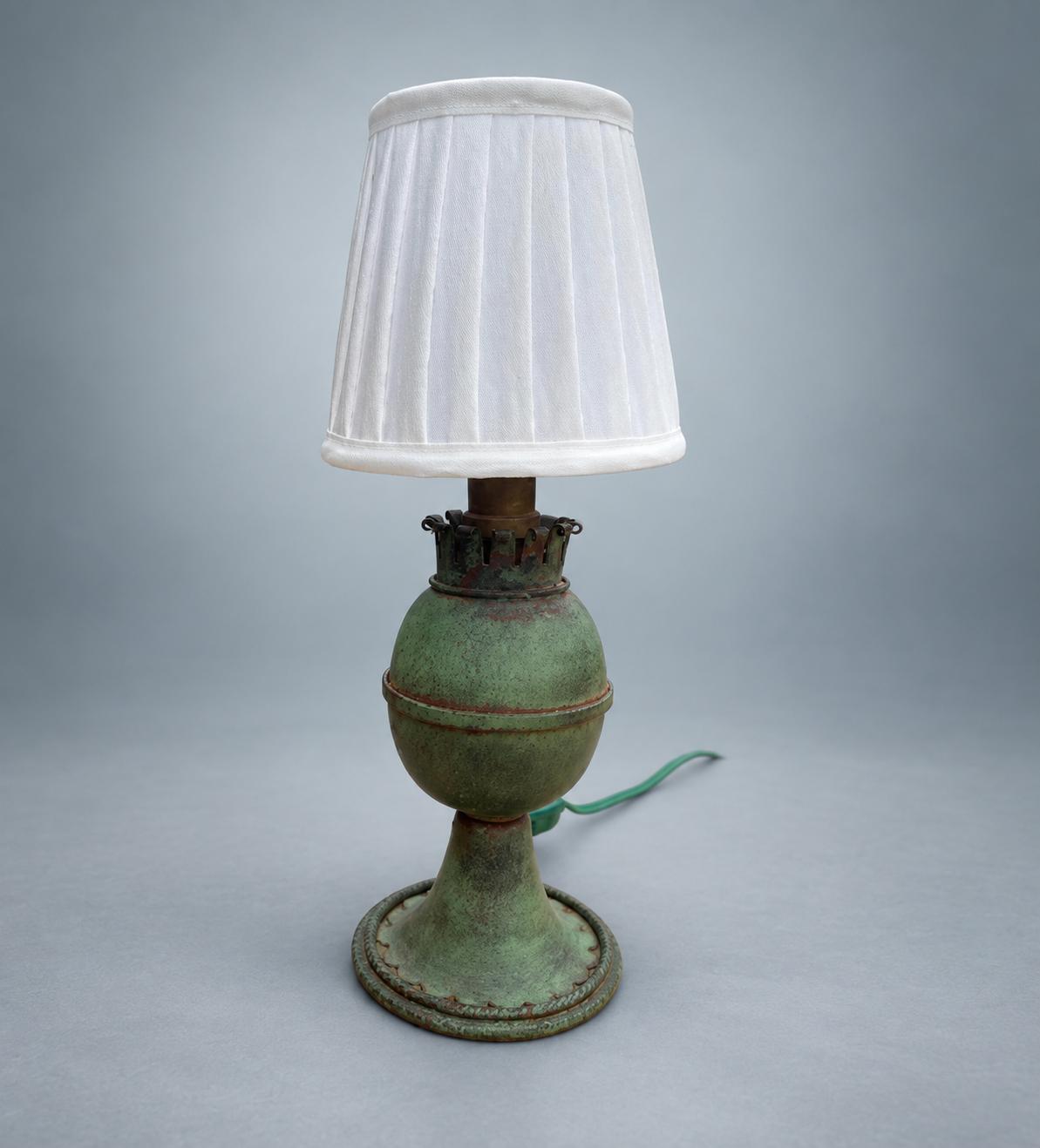 Vintage French Green Painted Metal Table Lamp, Oil Lamp Form with White Shade — France, circa 1950