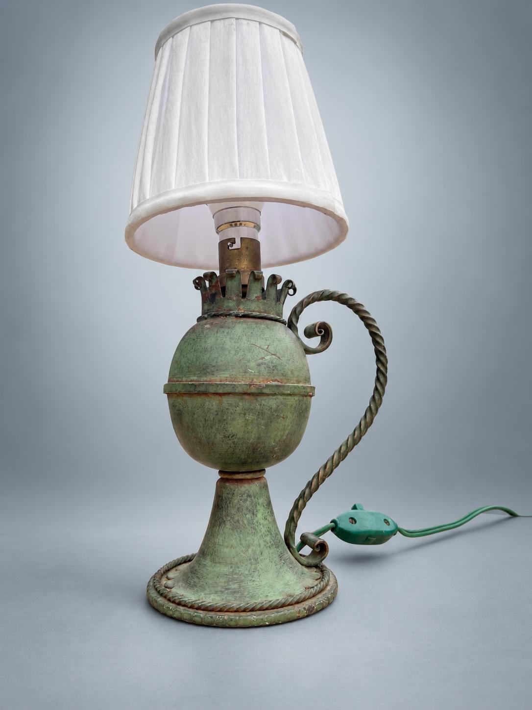 Vintage French Green Painted Metal Table Lamp, Oil Lamp Form with White Shade — France, circa 1950