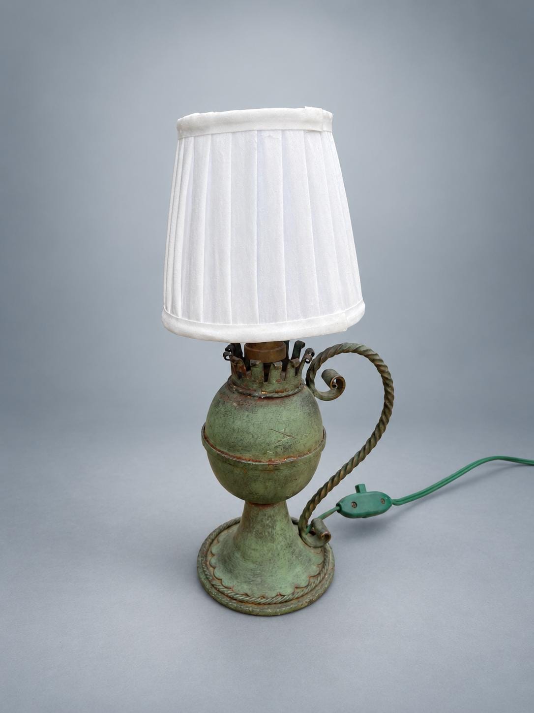 Vintage French Green Painted Metal Table Lamp, Oil Lamp Form with White Shade — France, circa 1950