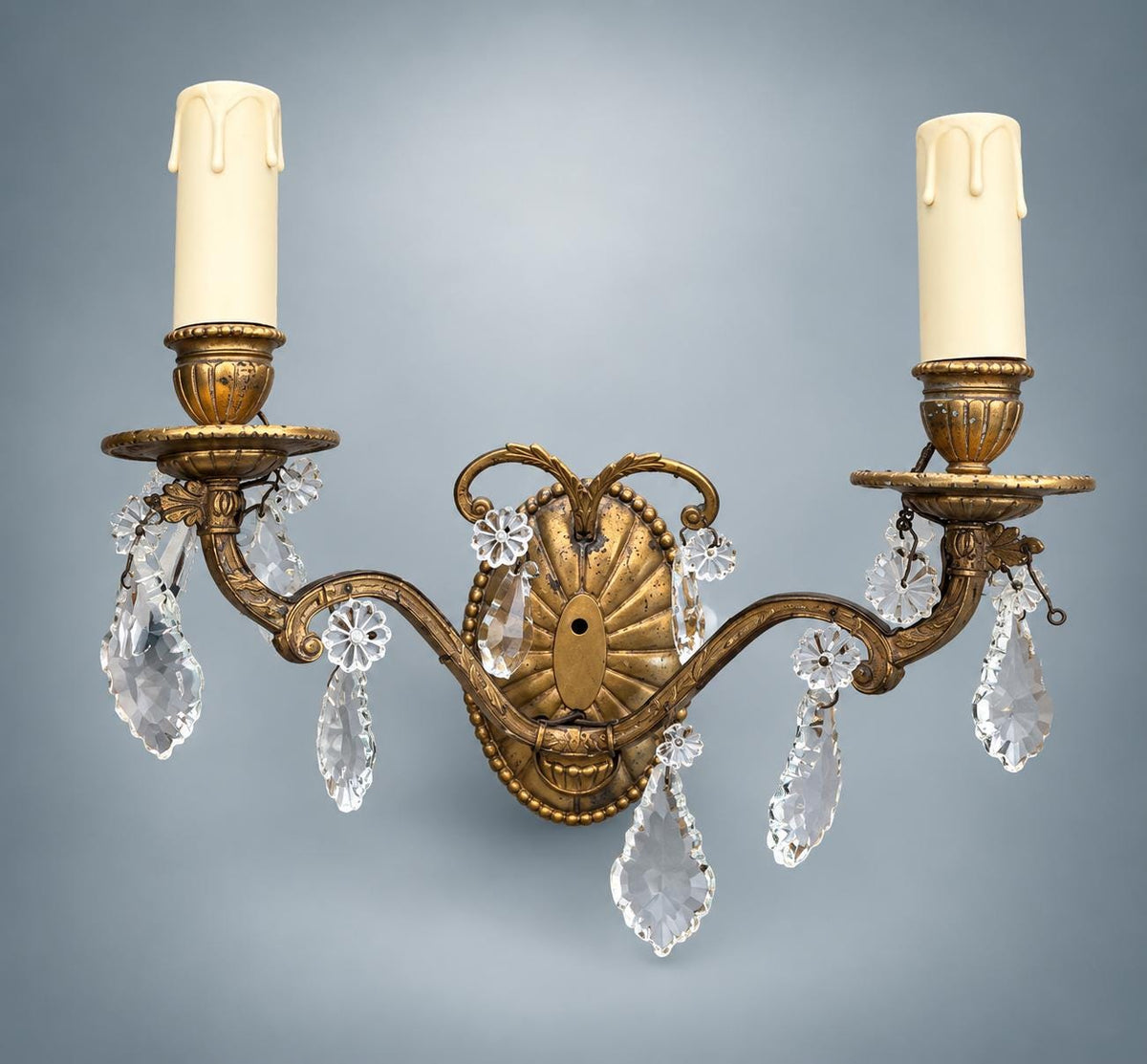 Pair of French Gilt Bronze Wall Sconces, Crystal Drops and Shell Backplate — France, Early 20th Century