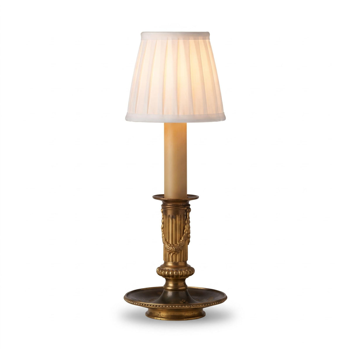 Antique French Neoclassical Brass Table Lamp, Fluted Column with Rope Swag, White Shade — France, circa 1930