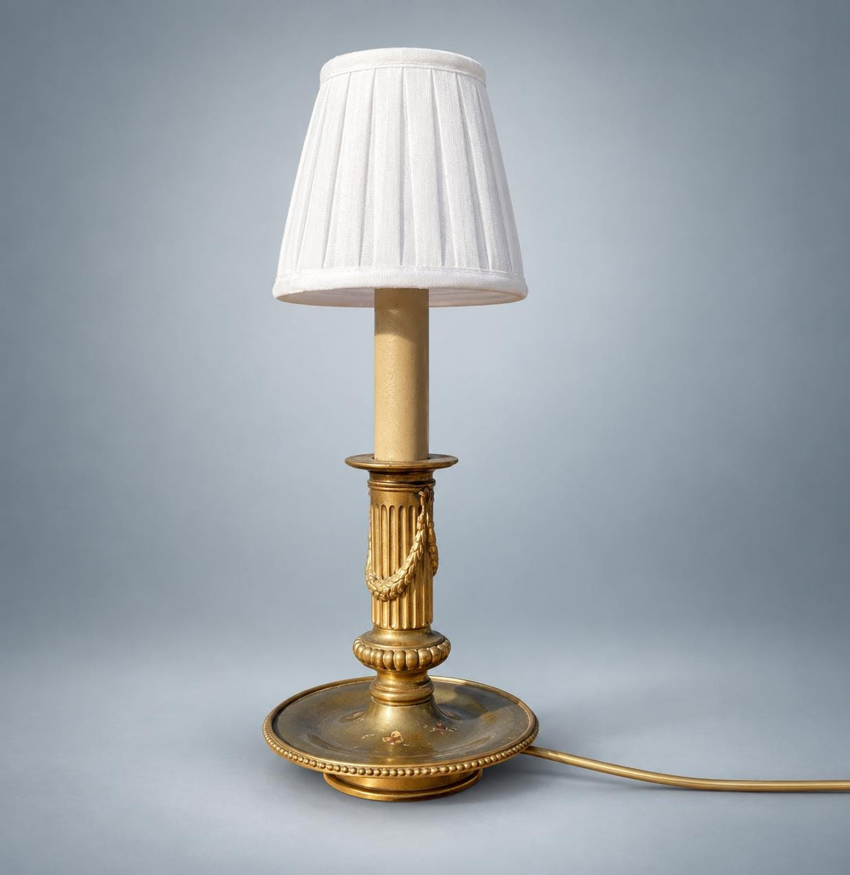 Antique French Neoclassical Brass Table Lamp, Fluted Column with Rope Swag, White Shade — France, circa 1930