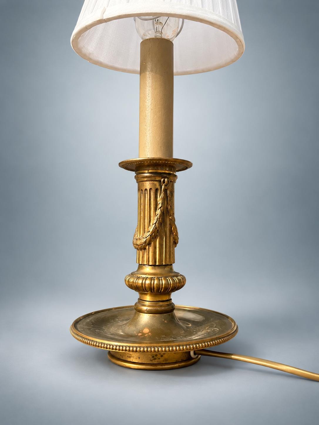 Antique French Neoclassical Brass Table Lamp, Fluted Column with Rope Swag, White Shade — France, circa 1930