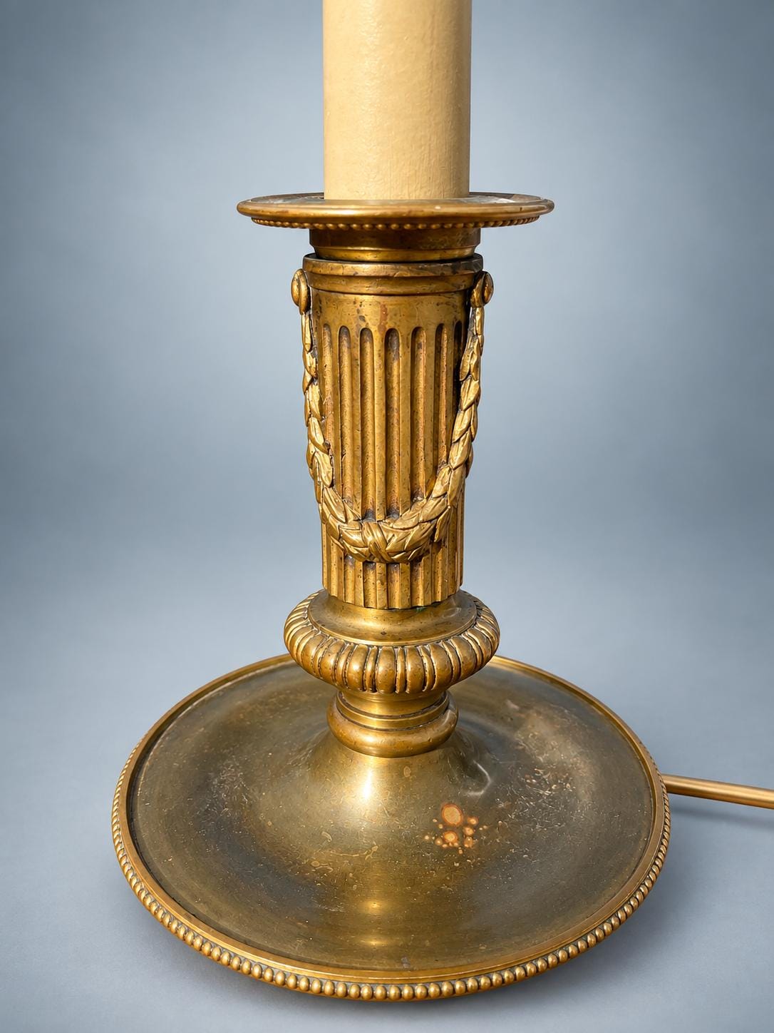 Antique French Neoclassical Brass Table Lamp, Fluted Column with Rope Swag, White Shade — France, circa 1930