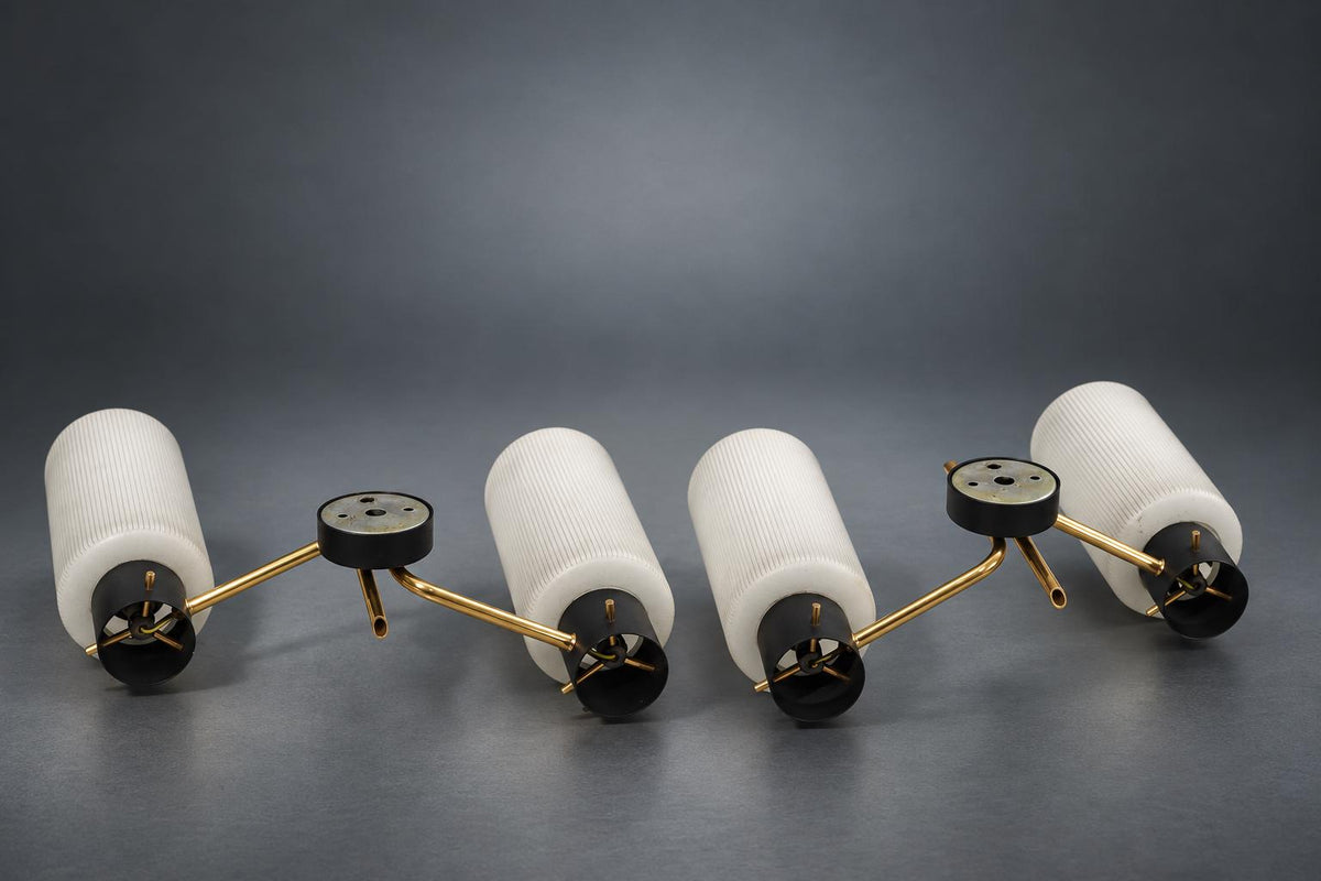 Pair of Mid-Century Double Wall Sconces, Ribbed Milk Glass Cylinders, Matte Black and Gold-Tone Metal Arms