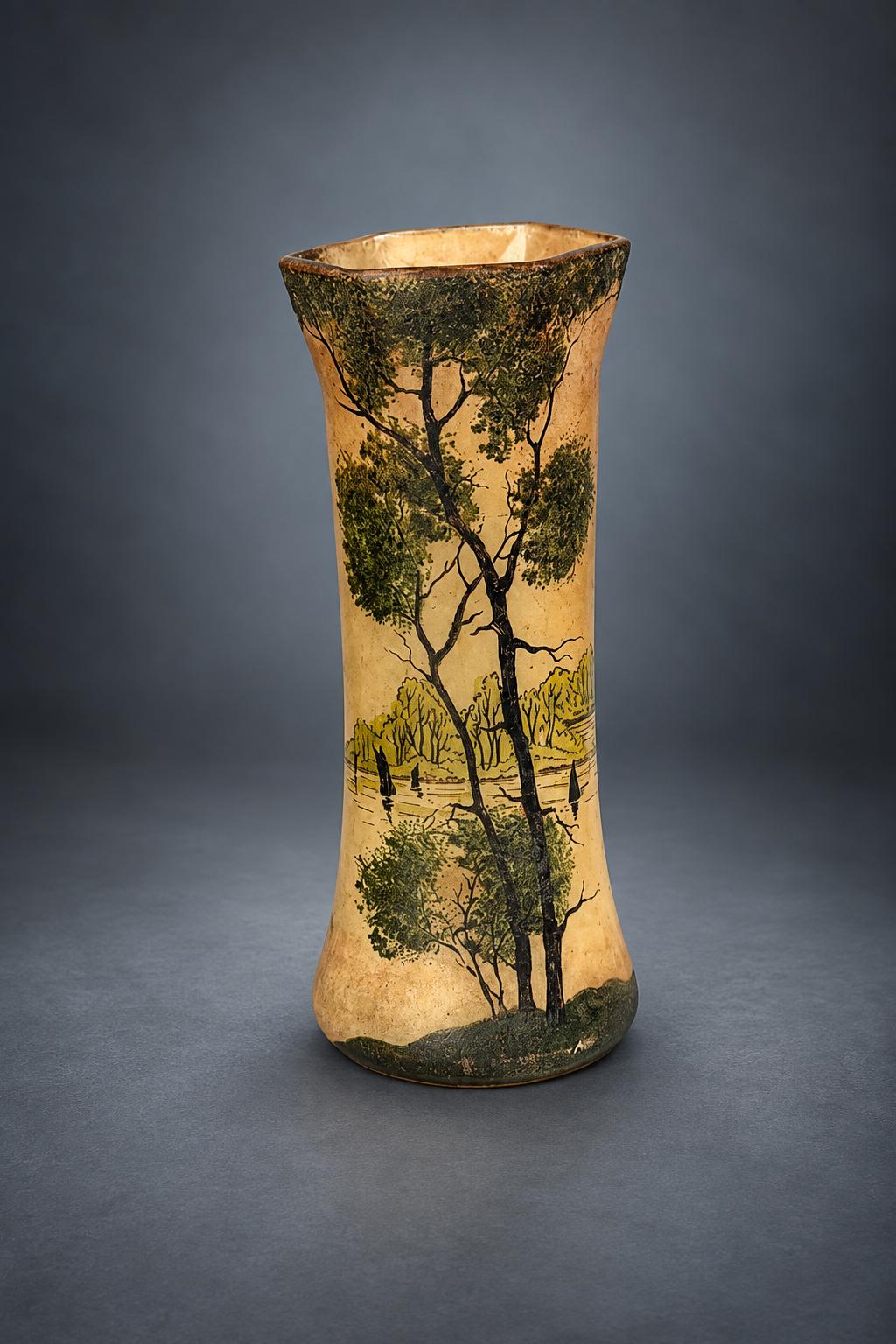 Enamelled Glass Vase with Painted Lake Landscape, Tall Trees and Sailboats, Frosted Amber Ground, Art Nouveau Style