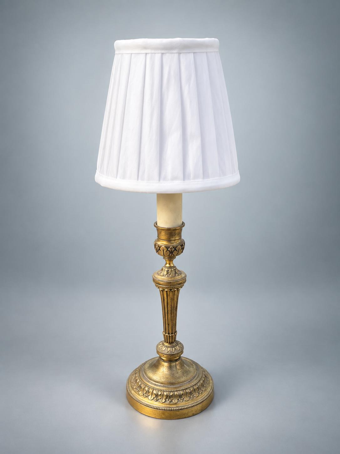 Antique French Gilt Metal Candlestick Lamp, Louis XVI Style — Fluted Column Boudoir Lamp with Pleated Shade
