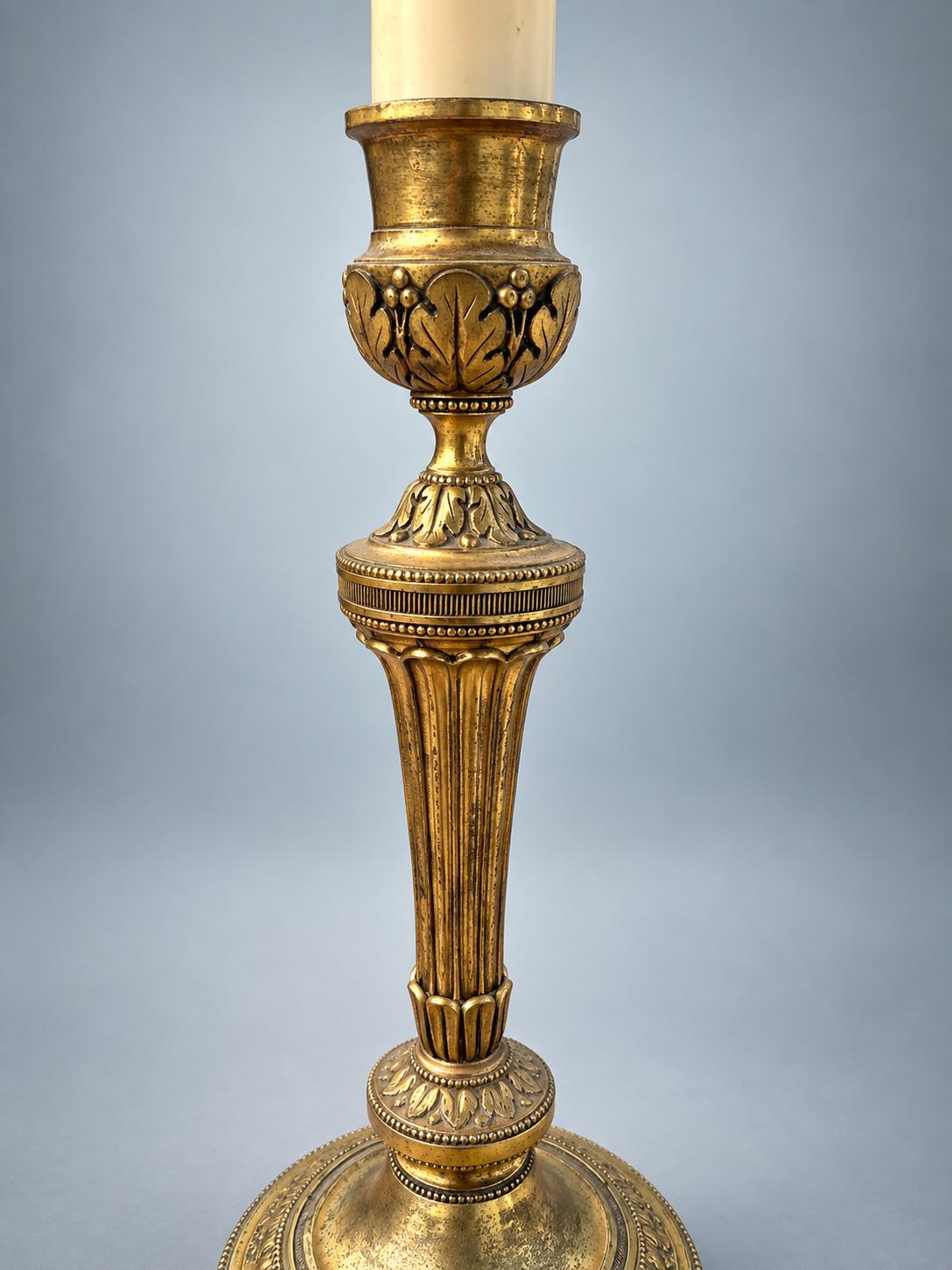 Antique French Gilt Metal Candlestick Lamp, Louis XVI Style — Fluted Column Boudoir Lamp with Pleated Shade
