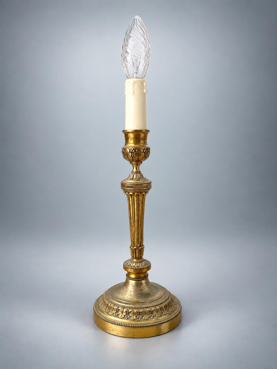 Antique French Gilt Metal Candlestick Lamp, Louis XVI Style — Fluted Column Boudoir Lamp with Pleated Shade