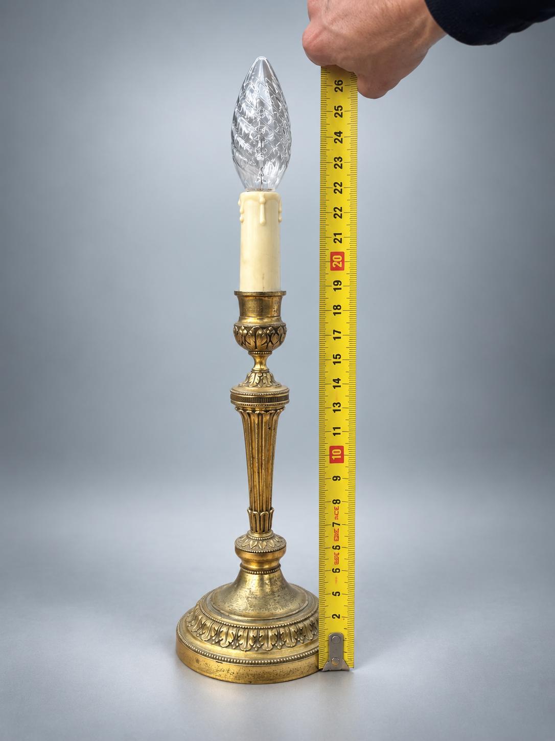 Antique French Gilt Metal Candlestick Lamp, Louis XVI Style — Fluted Column Boudoir Lamp with Pleated Shade