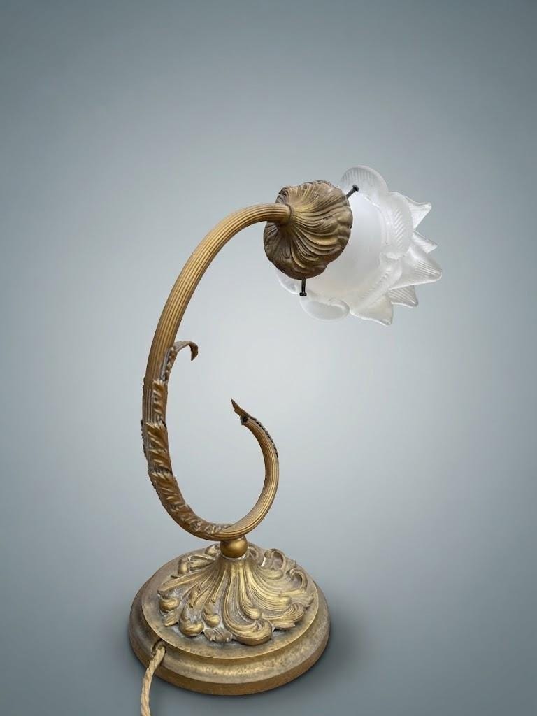 Pair of Antique French Art Nouveau Gilt Metal Table Lamps — Whiplash Arm Lamps with Frosted Glass Flower Shades