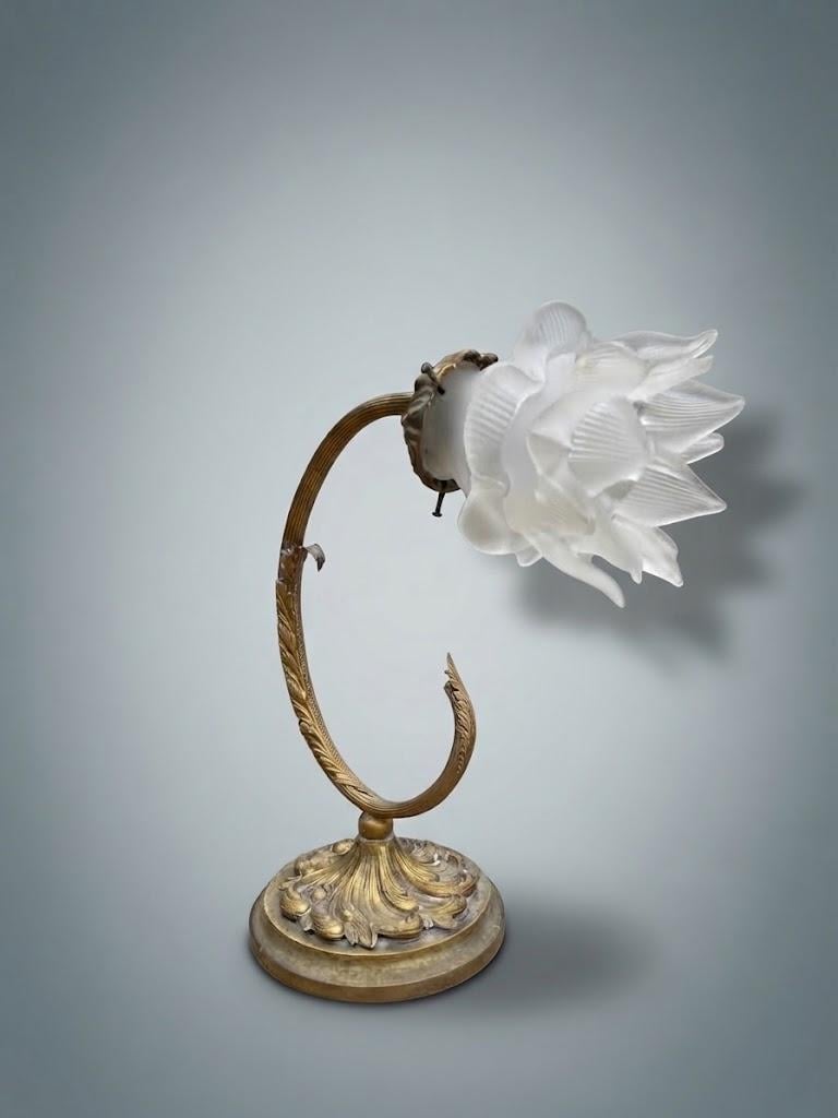 Pair of Antique French Art Nouveau Gilt Metal Table Lamps — Whiplash Arm Lamps with Frosted Glass Flower Shades