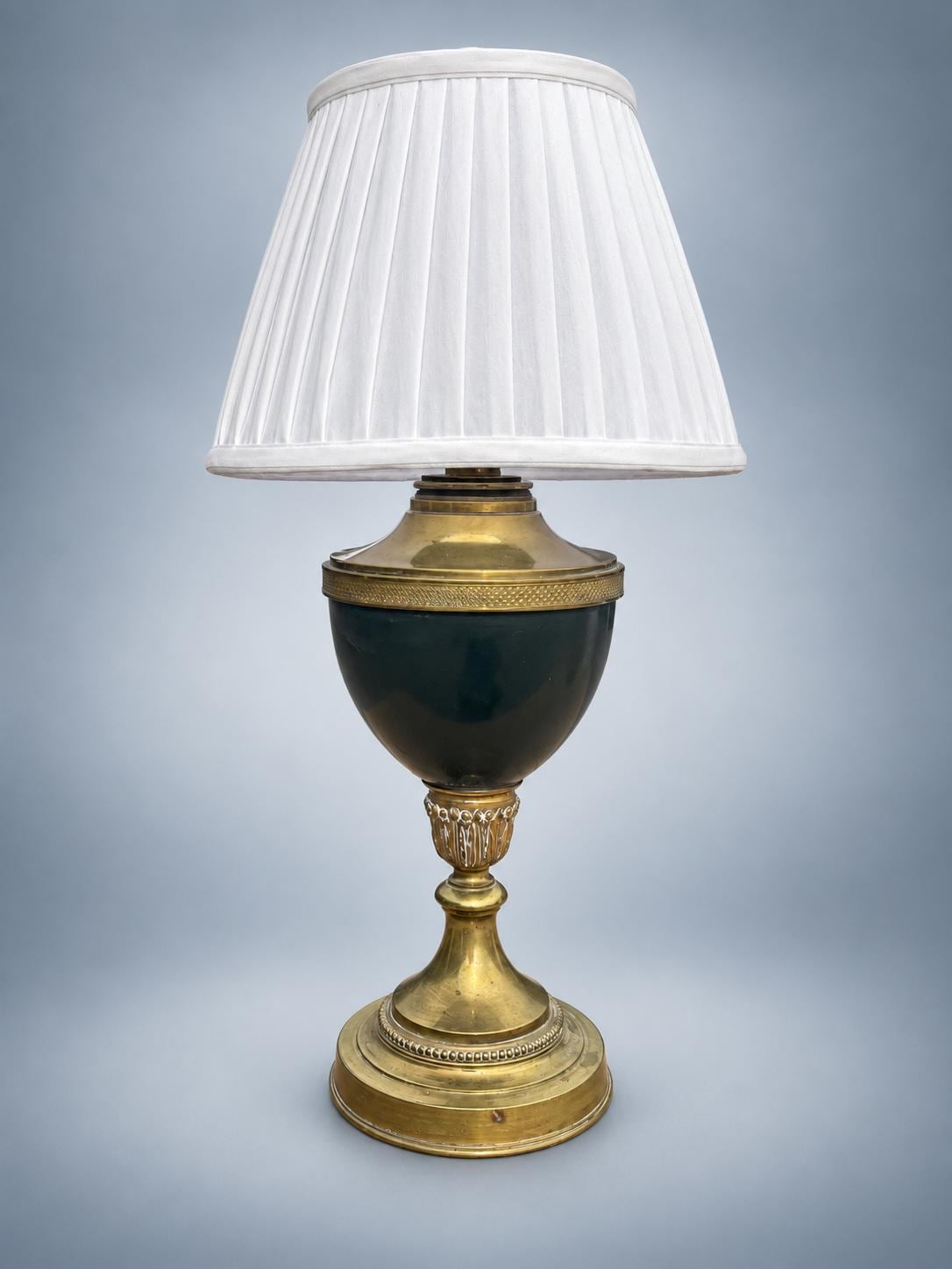 Antique French Empire Style Gilt Metal Urn Lamp — Green-Painted Body with Pleated Shade