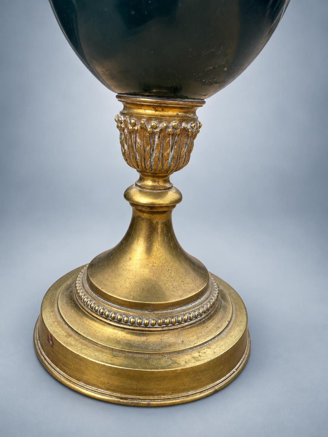 Antique French Empire Style Gilt Metal Urn Lamp — Green-Painted Body with Pleated Shade