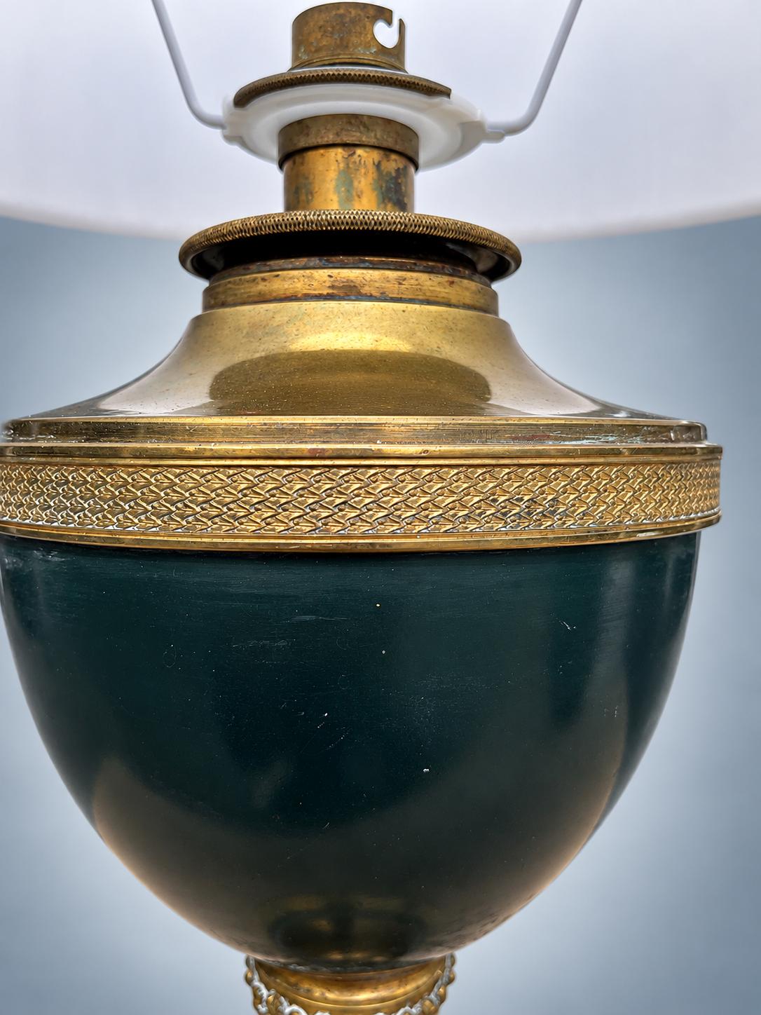 Antique French Empire Style Gilt Metal Urn Lamp — Green-Painted Body with Pleated Shade