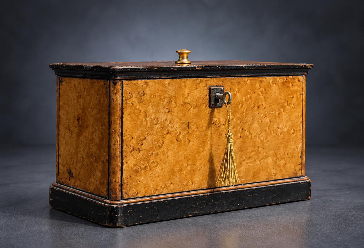 Correspondence Box with Bird's-Eye Figured Veneer and Black Mouldings, Working Lock and Key, Victorian Style Letter Box
