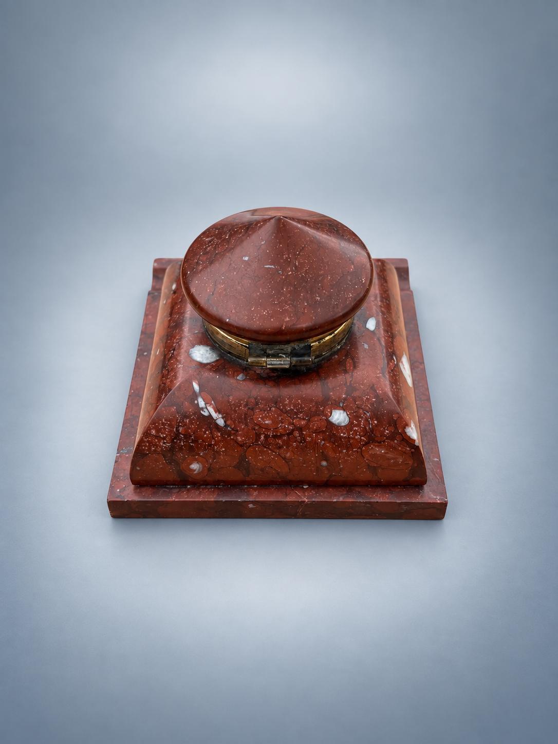 Antique French Rouge Marble Inkwell with Brass-Mounted Hinged Lid — Late 19th Century Style Desk Inkstand