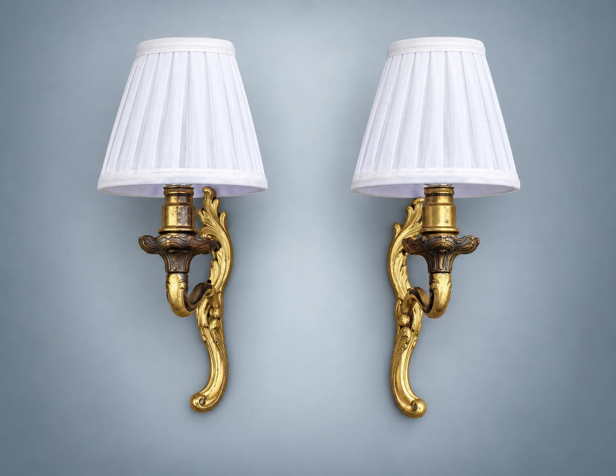 Pair of Antique French Gilt Metal Wall Sconces — Scrolling Single-Arm Sconces with Pleated Shades