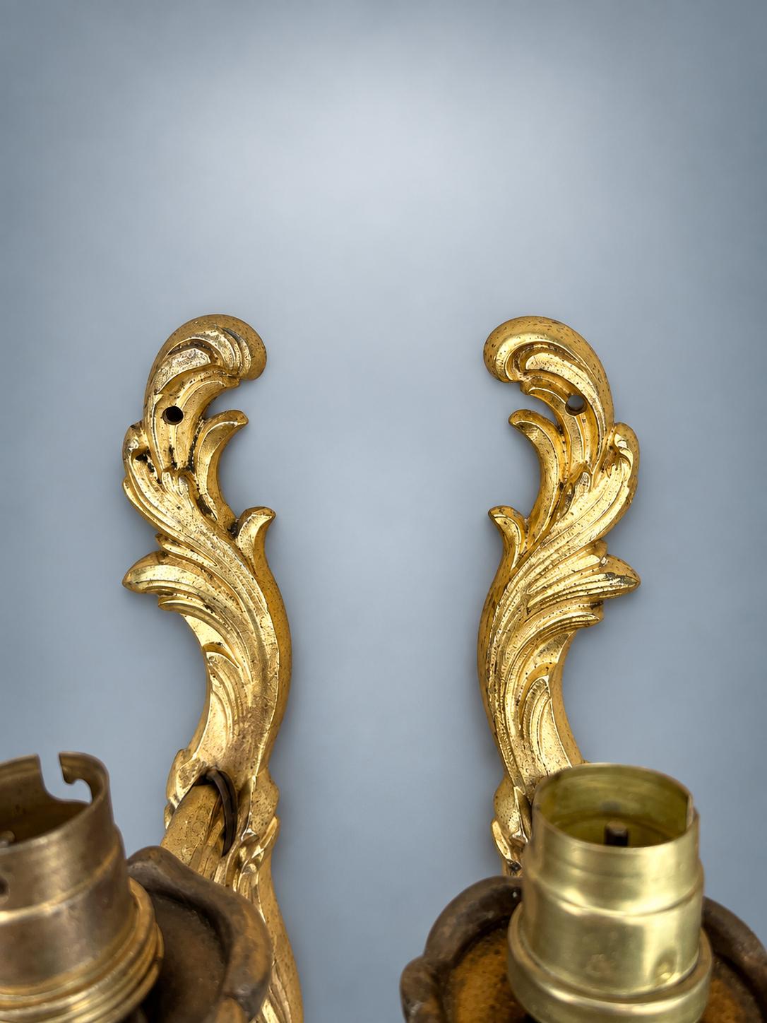 Pair of Antique French Gilt Metal Wall Sconces — Scrolling Single-Arm Sconces with Pleated Shades