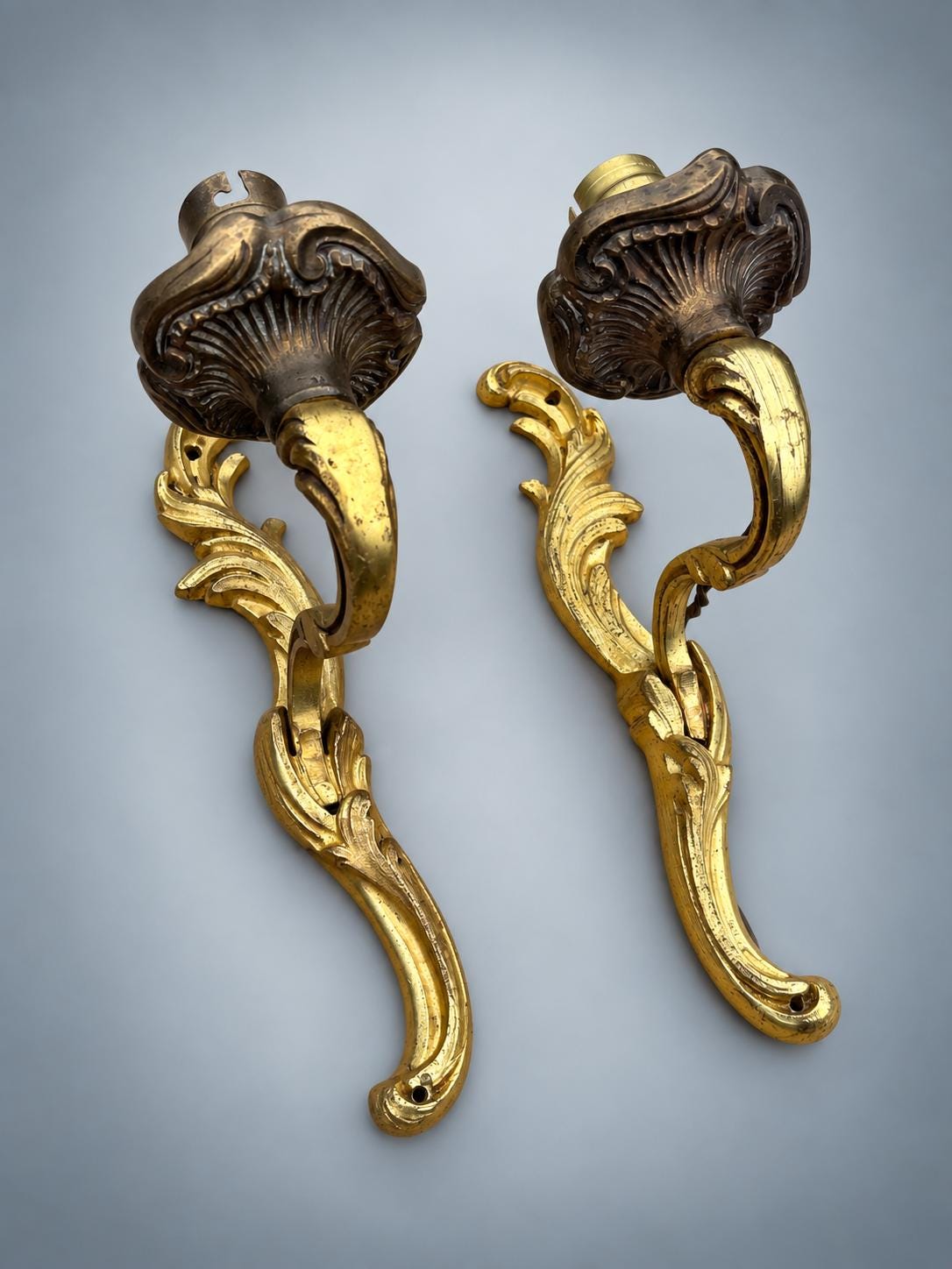 Pair of Antique French Gilt Metal Wall Sconces — Scrolling Single-Arm Sconces with Pleated Shades