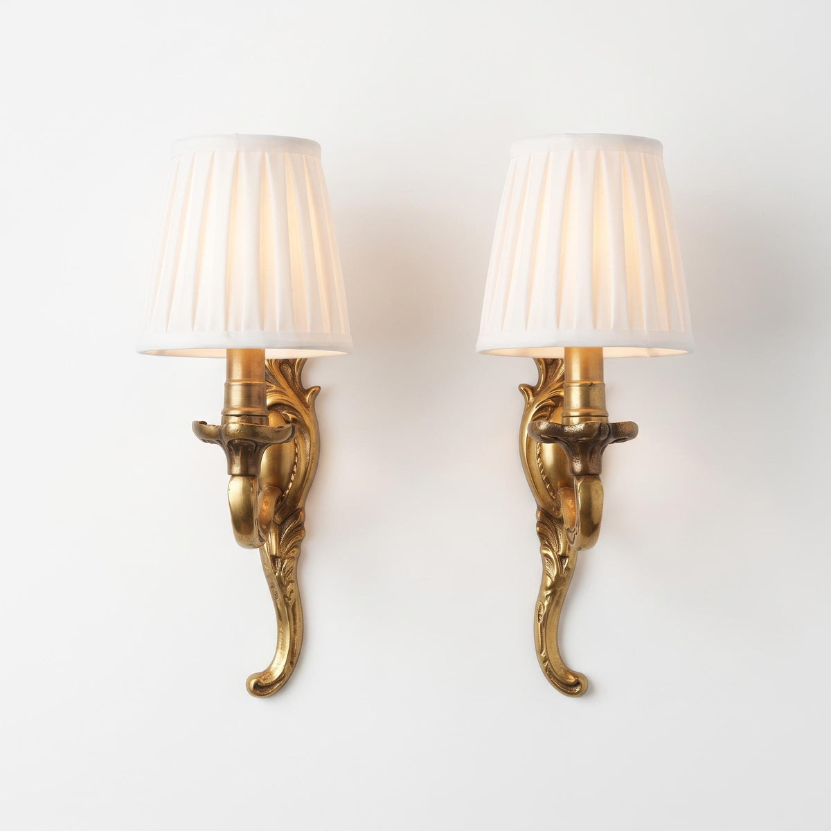 Pair of Antique French Gilt Metal Wall Sconces — Scrolling Single-Arm Sconces with Pleated Shades