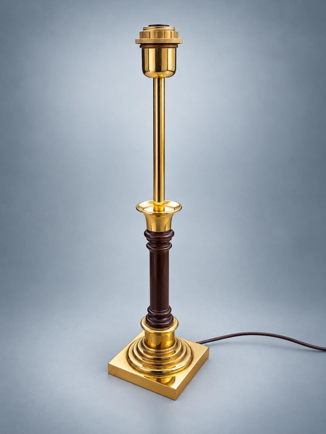 Vintage Brass Column Table Lamp with Dark Turned Column Accent — Stepped Square Base, Pleated Shade