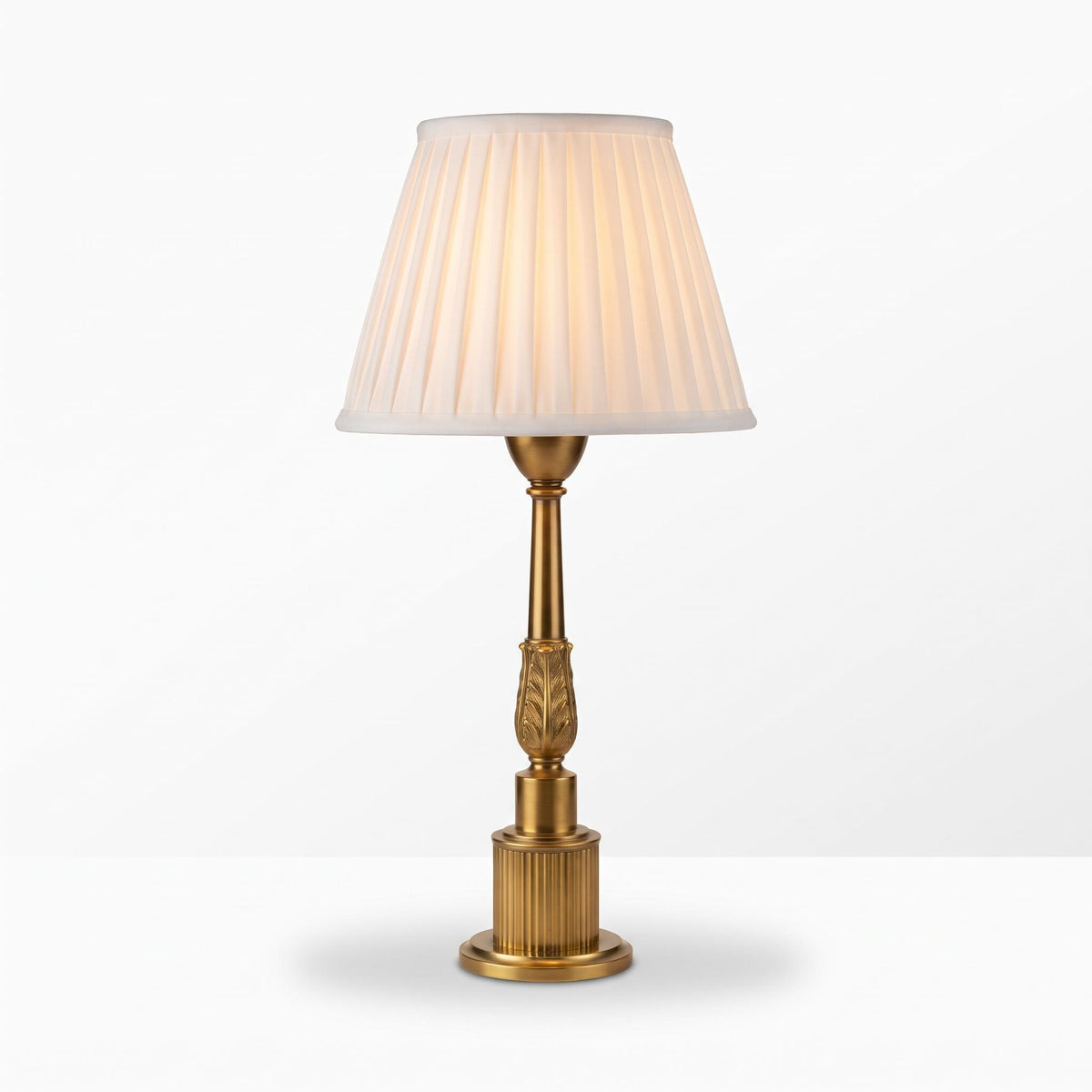 Vintage Brass Column Table Lamp with Dark Turned Column Accent — Stepped Square Base, Pleated Shade