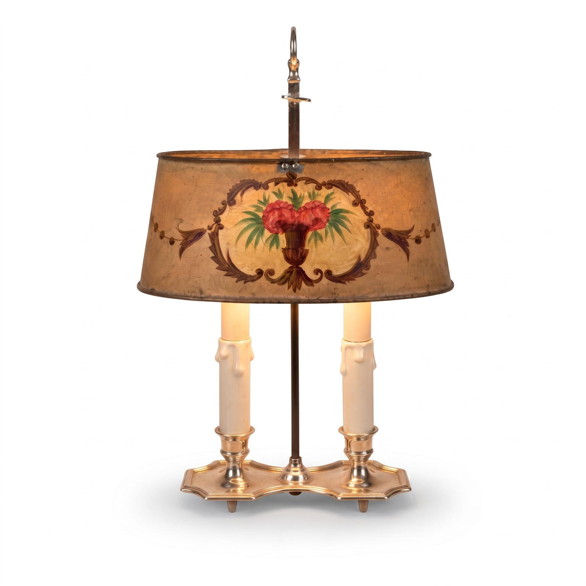 Two-Light Desk Lamp with Painted Metal Tôle Shade, Rose Urn Decoration, Silver-Tone Candle Arms, French Country Style