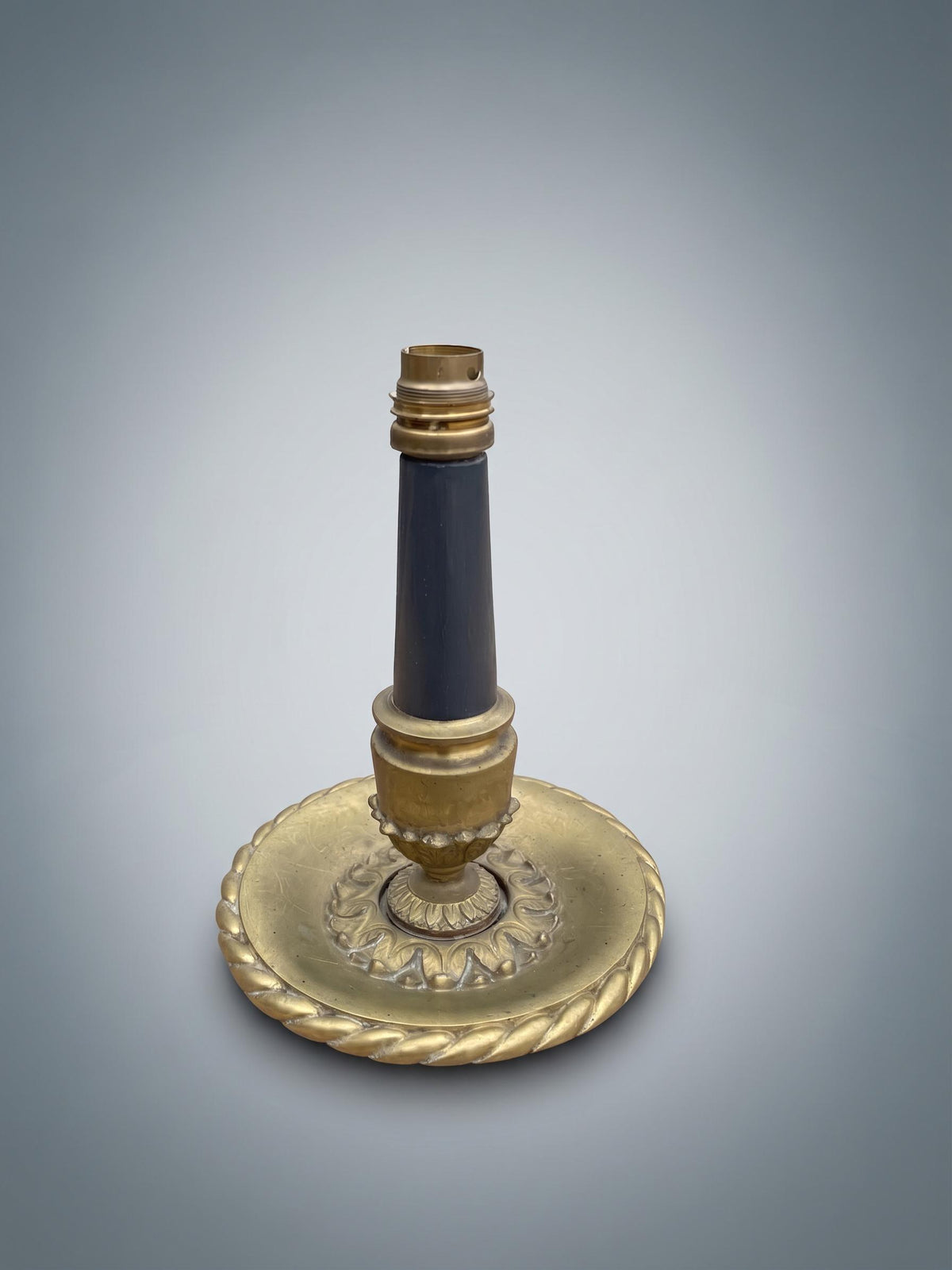Vintage French Brass Table Lamp, 1930s — Wide Disc Base with Rope-Twist Rim and Blue Painted Wood Column