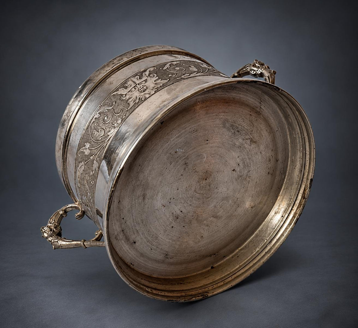 Lidded Bonbonnière in Silver-Tone Metal, Embossed Mask and Scroll Band, Figural Handles, Leaf Finial, Renaissance Revival Style